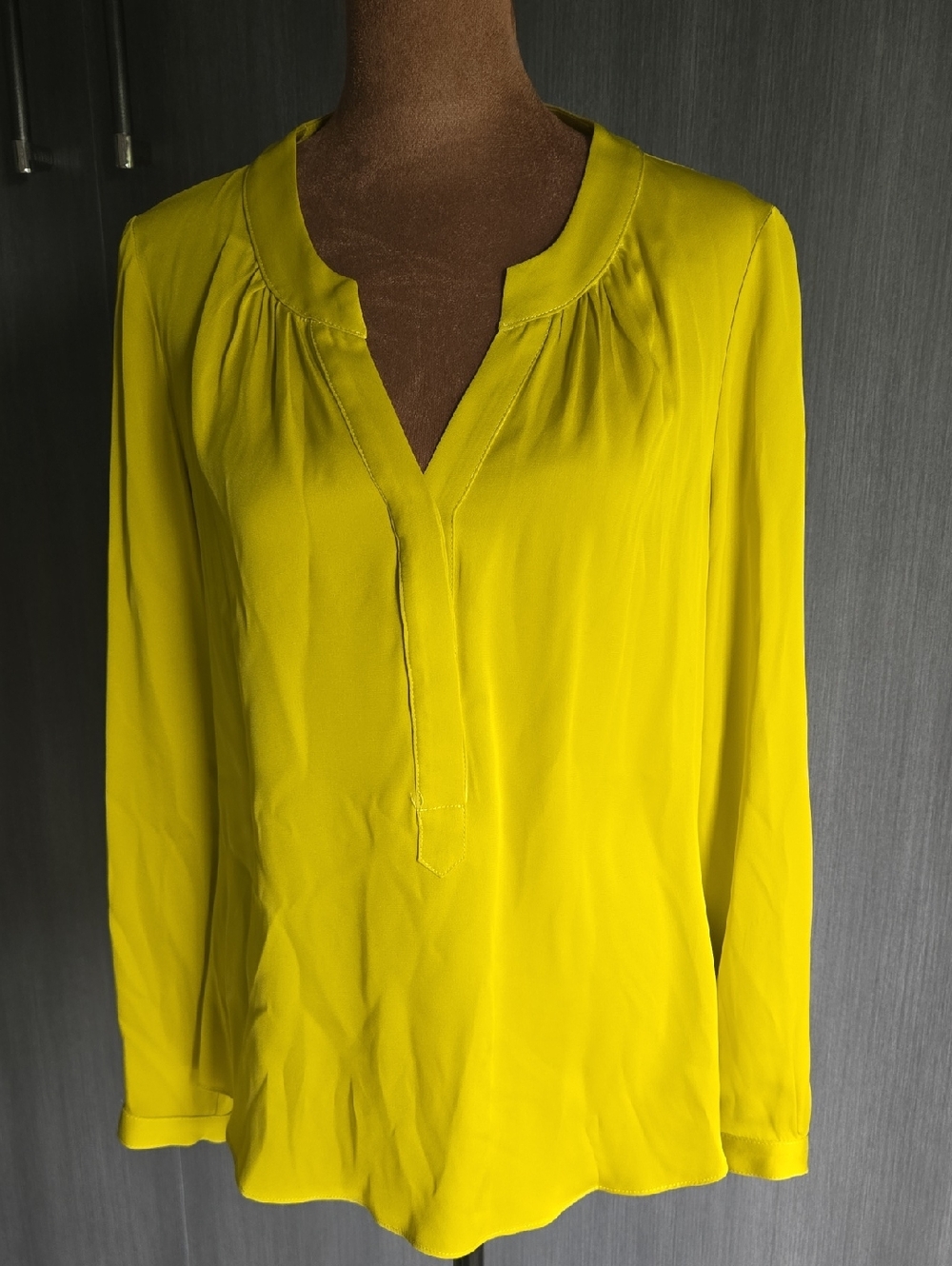 Milly Lemon Yellow Split V-Neck Long Sleeve Blouse